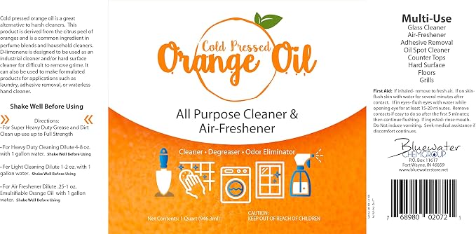 Bluewater Chemgroup Premium Cold Pressed Orange Oil Concentrate- 32 oz (with D-Limonene), Concentrated Cold Pressed Orange Oil Blend - All-Purpose Citrus Cleaner and Degreaser Blend