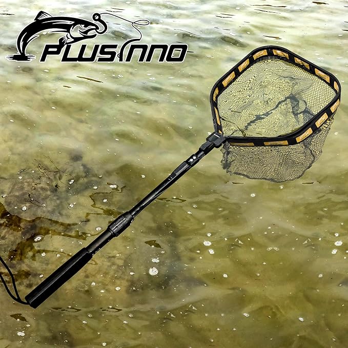 PLUSINNO Floating Fishing Net for Steelhead, Salmon, Fly, Kayak, Catfish, Bass, Trout Fishing, Rubber Coated Foldable Landing Net with Fixed or Telescoping Pole Handle, Fishing Gear and Gifts for Men