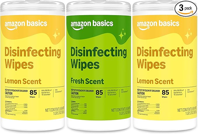Amazon Basics Disinfecting Wipes, Lemon & Fresh Scent, Sanitizes/Cleans/Disinfects/Deodorizes, 255 Count (2 Packs Lemon, 1 Pack Fresh Scent)