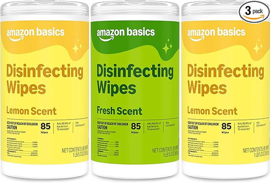 Amazon Basics Disinfecting Wipes, Lemon & Fresh Scent, Sanitizes/Cleans/Disinfects/Deodorizes, 255 Count (2 Packs Lemon, 1 Pack Fresh Scent)