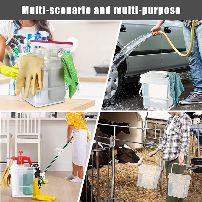 Jingmore 4 Pcs Plastic Bucket 5 Quart Square Bucket Utility Small Pail with Handle Sturdy Pail Organizer for House Cleaning Storage Livestock Feeding Car Washing Food Storage, No Lids(Clear)