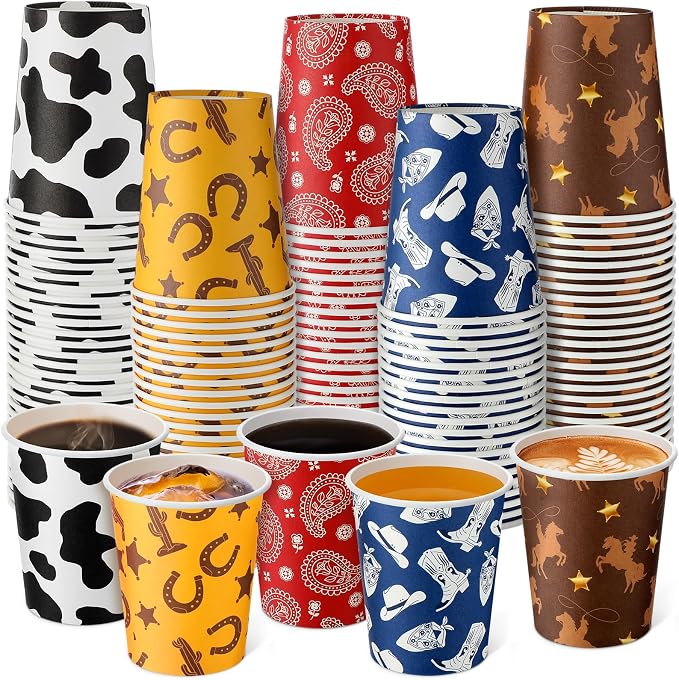 Yaomiao 200 Pcs Western Cowboy Paper Cups 9 oz Party Disposable Paper Coffee Cups Bulk for Western Theme Birthday Rodeo Supplies Decorations