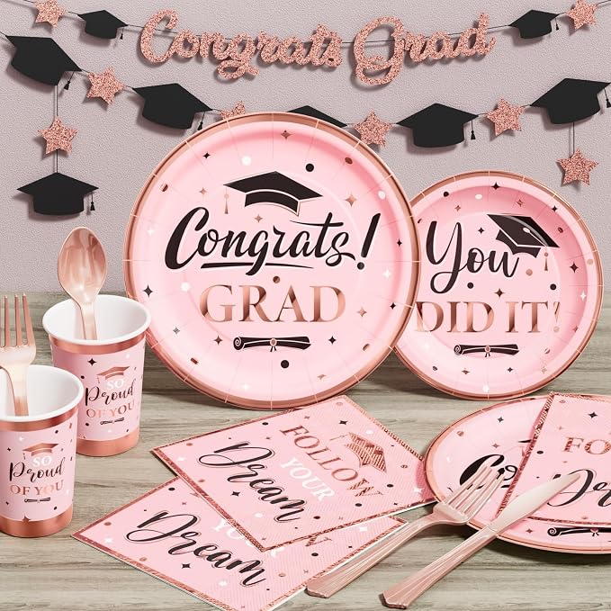 Graduation Decoration Class of 2026 Pink Graduation Decoration 175 PCS - Rose Gold Grad Party Supplies Disposable Dinnerware (Serves 25) Paper Plates Cup Napkin Fork Knife Spoon (Pink & Black)
