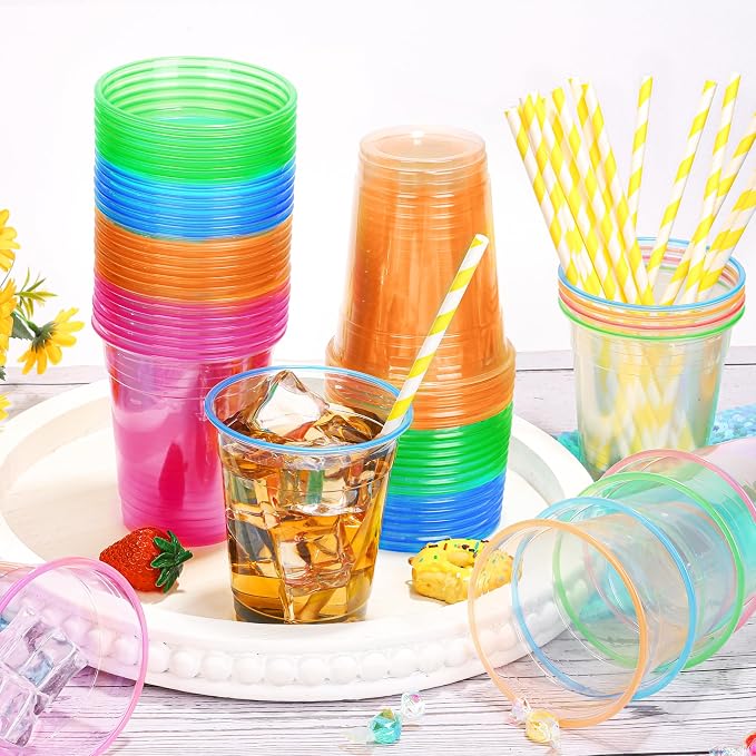 Kochorie 120 Pack 12 Oz Plastic Neon Cups Glowing Party Cups 4 Assorted Neon Colors Disposable Blacklight Party Light Up Cup for Birthday Party In The Dark Party Supplies