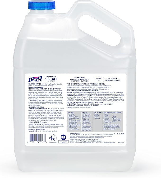 PURELL Foodservice Surface Sanitizer, Fragrance Free, 1 Gallon Surface Sanitizer Pour Bottle Refill (Pack of 4) - 4341-04