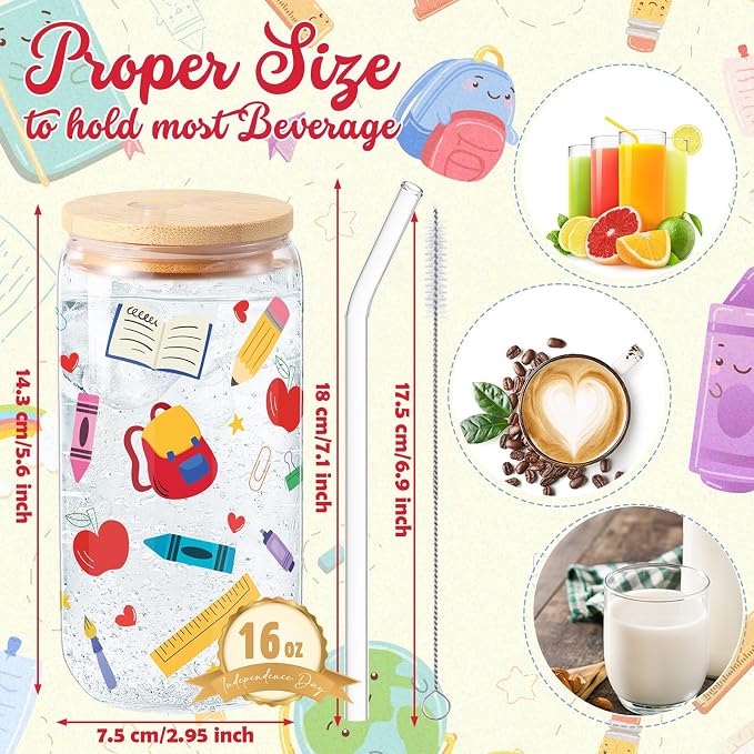 Sliner 2 Pcs Teacher Glass Cups End of Year Appreciation Gifts Graduation Drinking Glasses 16 oz Reusable Iced Coffee Tumbler with Lid Straw for Student Home Office Classroom Party Supplies