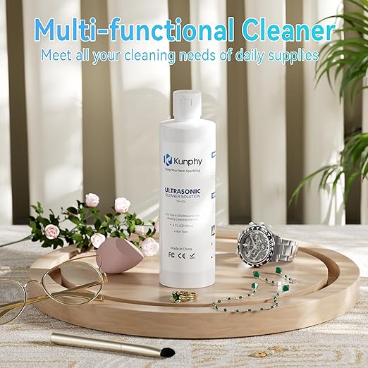 KUNPHY Upgraded Sonic Jewelry Cleaner & 120ml Sonic Cleaner Solution, 12oz (350ML) 48KHz Professional Sonic Cleaner Machine with Digital Timer and One-Touch Operation for Eyeglass, Watches, Ring