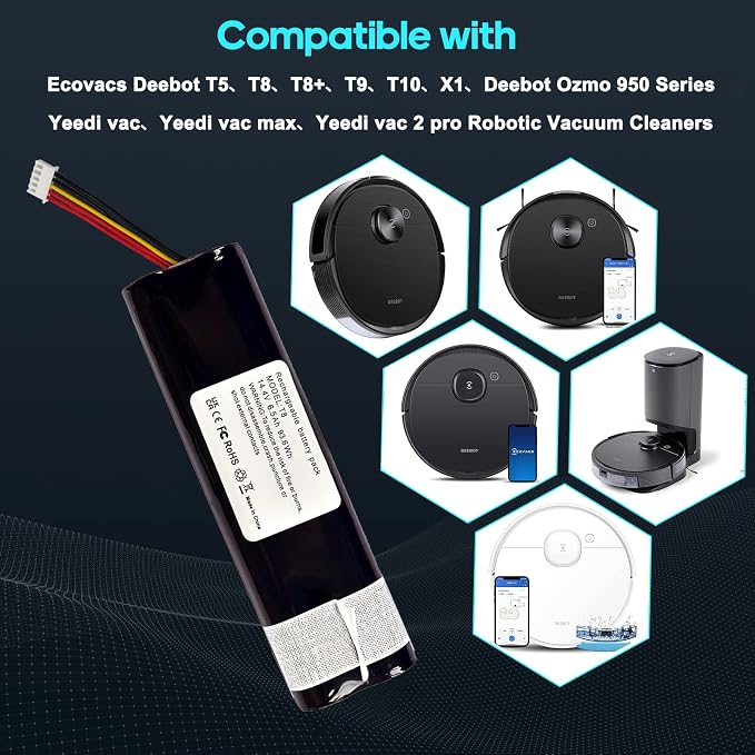 6.5Ah Battery Compatible with Yeedi vac Series、Ecovacs Deebot T5、T8、T9、T10、T20、X1、950 Robotic Vacuum Cleaners Replacement Battery Pack,Side Brush(2pcs)