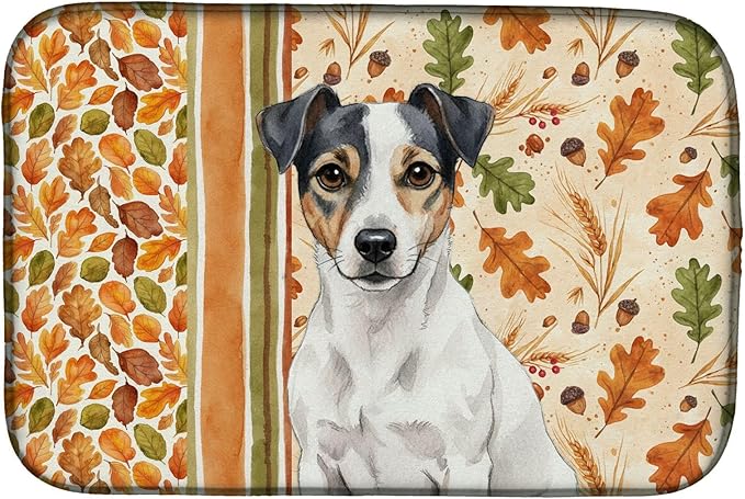 Caroline's Treasures White and Black Jack Russell Terrier Heirloom Fall Dish Drying Mat Absorbent Dish Drying Mat Pad for Kitchen Counter Dish Drainer Mat for Countertop, 14 x 21", Multicolor