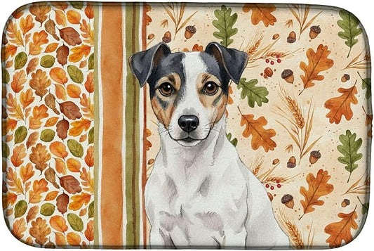 Caroline's Treasures White and Black Jack Russell Terrier Heirloom Fall Dish Drying Mat Absorbent Dish Drying Mat Pad for Kitchen Counter Dish Drainer Mat for Countertop, 14 x 21", Multicolor