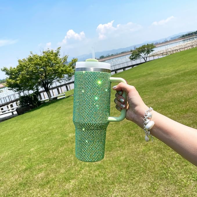 40oz Bling Tumbler with Handle and Straw Lid Rhinestone Studded Tumbler Cups Vacuum Insulated Stainless Steel Double Wall Water Bottle Travel Mug Gifts for Women Her (Green)