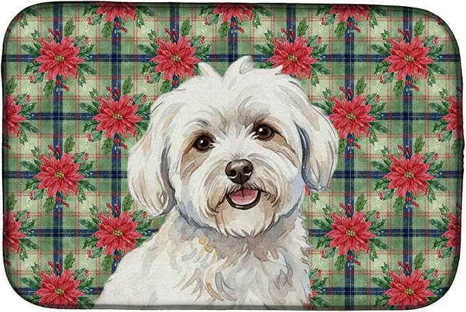 Caroline's Treasures Coton de Tulear Christmas PoinsettIas Dish Drying Mat Absorbent Dish Drying Mat Pad for Kitchen Counter Dish Drainer Mat for Countertop, 14 x 21", Multicolor