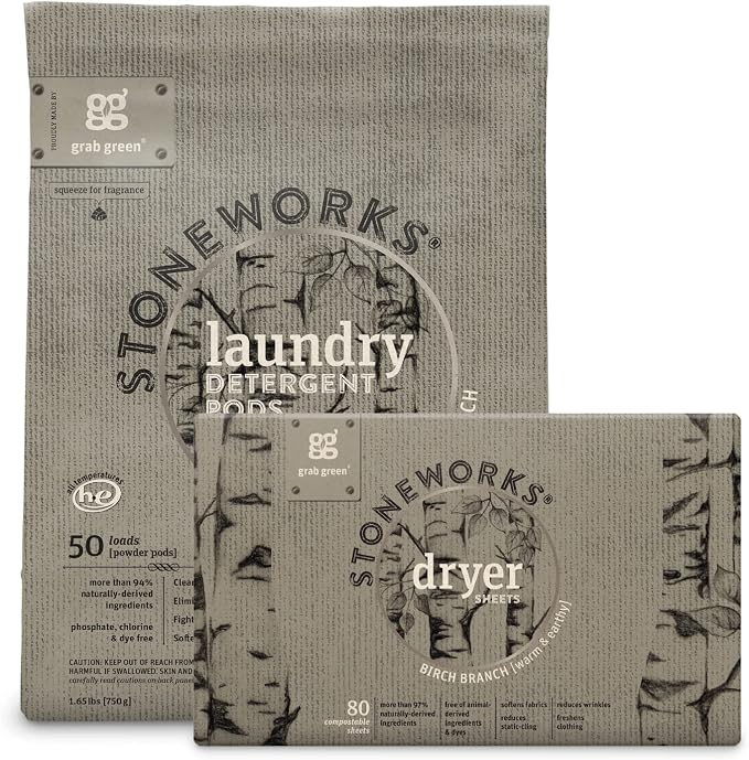 Grab Green Stoneworks Laundry Bundle, 50 Detergent Pods and 80 Dryer Sheets | Birch Branch Scent; Plant & Mineral-Based; Compostable Dryer Sheets; No Harsh Chemicals; Fights Stains; Eliminates Odors