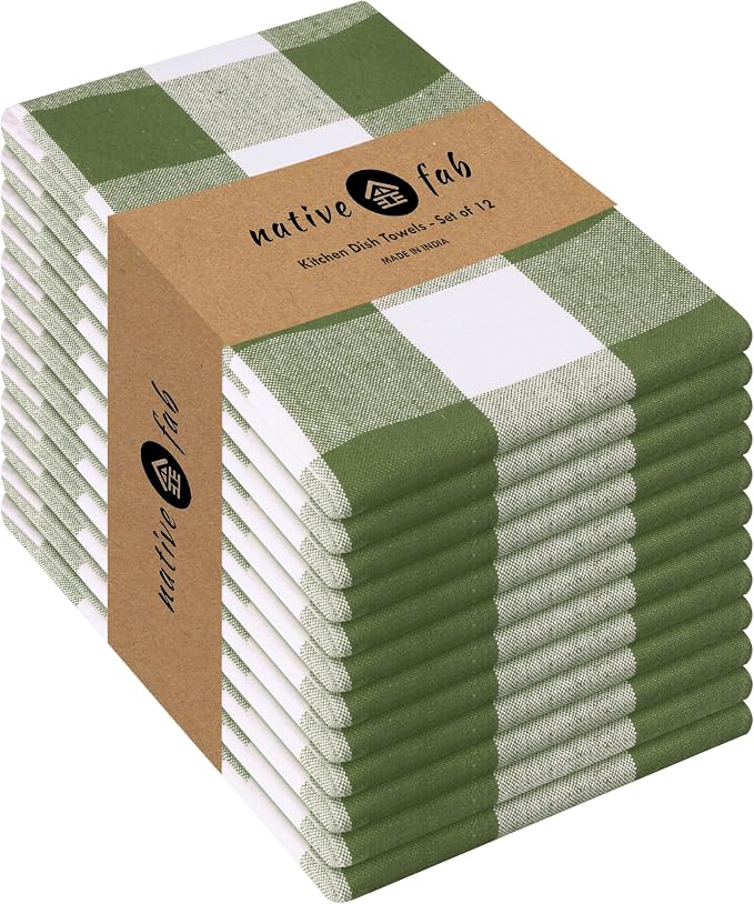 Native Fab Buffalo Check Kitchen Dish Towels, 16"x26", 12 Pack - 100% Cotton Plaid Washcloths - Absorbent Dish Cloths Set, Cleaning Hand Towels with Hanging Loop - Mint Green White
