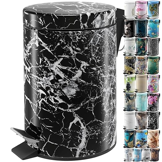 Sanilo Small Bathroom Trash Can with Lid [1.3 Gallon] - Lidded Tiny Trashcan for Garbage - Mini Metal Bin with Soft Closing Mechanism - Bath Room Accessoire Wastebin with Inner Bucket (Marble Black)