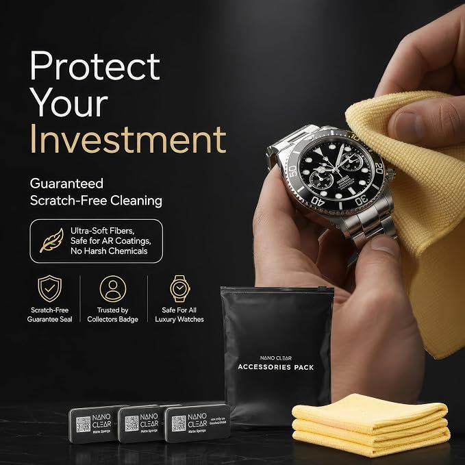 Nano Clear Accessories Pack – 3 Matte Sponges & 3 Microfiber Cloths | Watch Cleaning & Care Kit | Scratch-Free, Reusable, Lint-Free Cloth for Watches & Jewelry