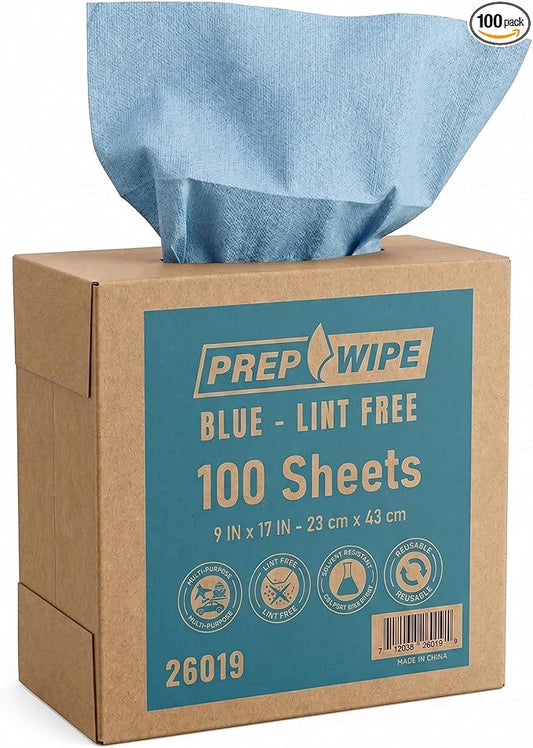 Lint-Free Cleaning Towels | Heavy Duty, Solvent Resistant Wipes for Auto Body & Industrial Prep | 100 Pack, 9" x 17", Blue 26019