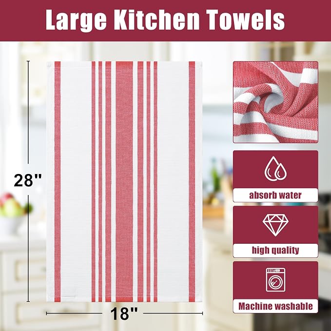 Homaxy Premium Kitchen Towels 18”x 28”, Large Cotton 380 GSM Kitchen Hand Towels, Stripe and Terry Dish Towel, Highly Absorbent Tea Towel Set with Hanging Loop, 3 Pack, Red