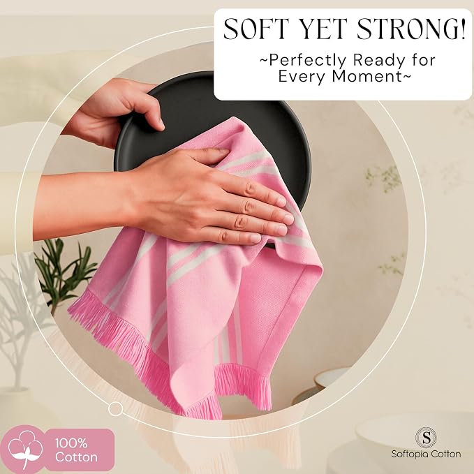 Prewashed Stripe Tea Towels 12 Pack, 16x26 Inches, Dish Cloths for Cooking and Cleaning, Quick Dry Kitchen Rags, Reusable Hand Towels for Drying Dishes and Surfaces - Rose Pink
