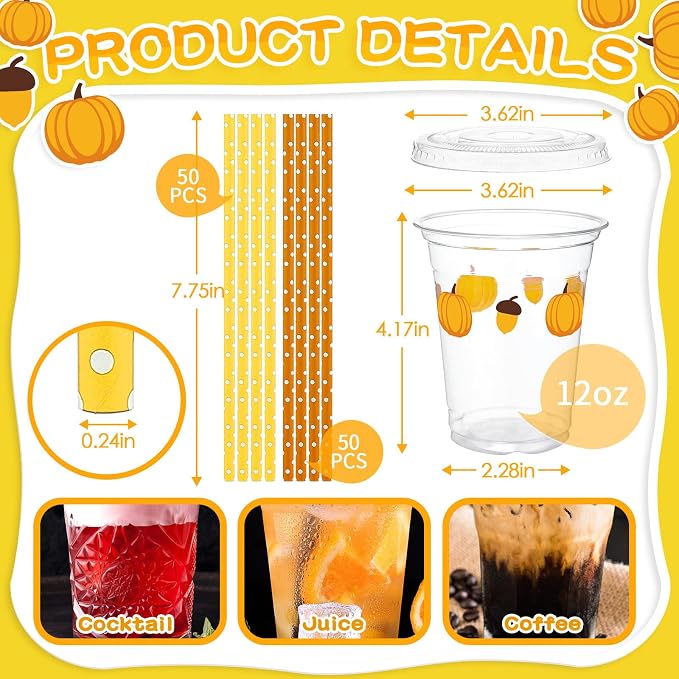 100 Set Fall Pumpkin Disposable Plastic Cups with Lids and Straws 12 oz Pumpkin Acorn Plastic Party Cups Transparent Cold Beverage Drinking Cups for Autumn Thanksgiving Party Supplies(Orange)