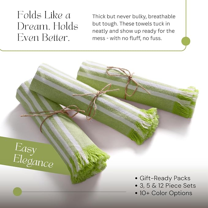3 Pack Monochrome Stripe Kitchen Towels, Fringed Edges, 16x26 Inch, 100% Cotton, Lint-Free, Absorbent & Washable Dish Towels for Drying Dishes, Everyday Kitchen Use, Lemon Green