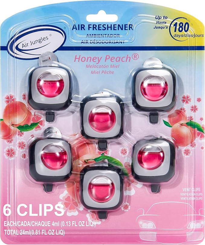 Air Jungles Honey Peach Scent Car Air Freshener Bundle – 3-in-1 Odor Eliminator Balls (6 Count), Vent Clip (3 Count), and Car Clip Pack (6 Count) – Long-Lasting Freshness for Cars, Closets, Gym Bags