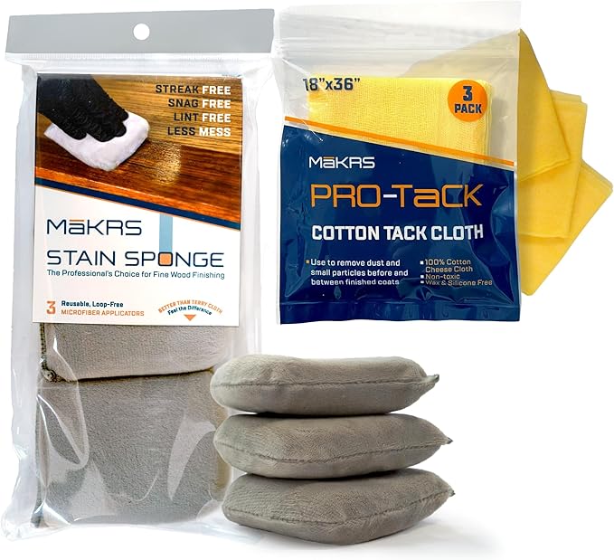 MāKRS Wood Finishing Prep Bundle – 3-Pack Staining Pads & 3-Pack Pro-Tack Cloths – Lint-Free Applicator Pads and Dust-Removing Tack Cloths for Wood Stains, Paints, and Finishes