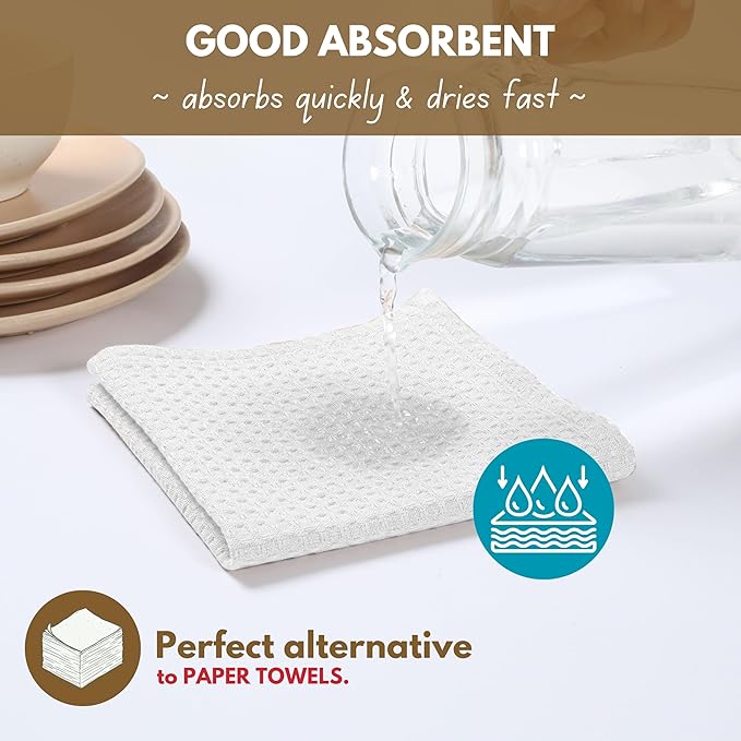 Native Fab 6 Pack Waffle Dish Cloths - 100% Cotton, Absorbent, Quick Drying & Soft Towels for Cleaning, Cooking & Baking - Ideal for Home, Restaurants & Cafes - 12x12 Inches - White