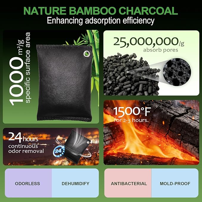 Activated charcoal deodorizer (11 x 100g), bamboo charcoal air purification bags, suitable for dehumidifying, home, refrigerator, shoes, pets, wardrobe, car air freshener deodorant bags.