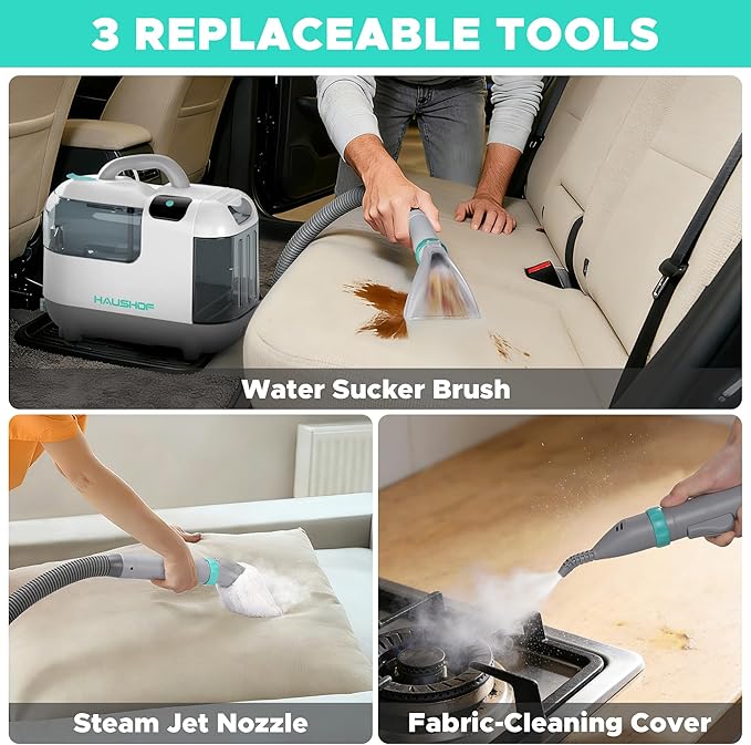 HAUSHOF Steam Portable Carpet and Upholstery Cleaner Machine, Instant Heating Portable Carpet Cleaner with Steam&HotWater&Cold Water System, Steam Cleaner for Carpets, Cars, Furniture, Couch