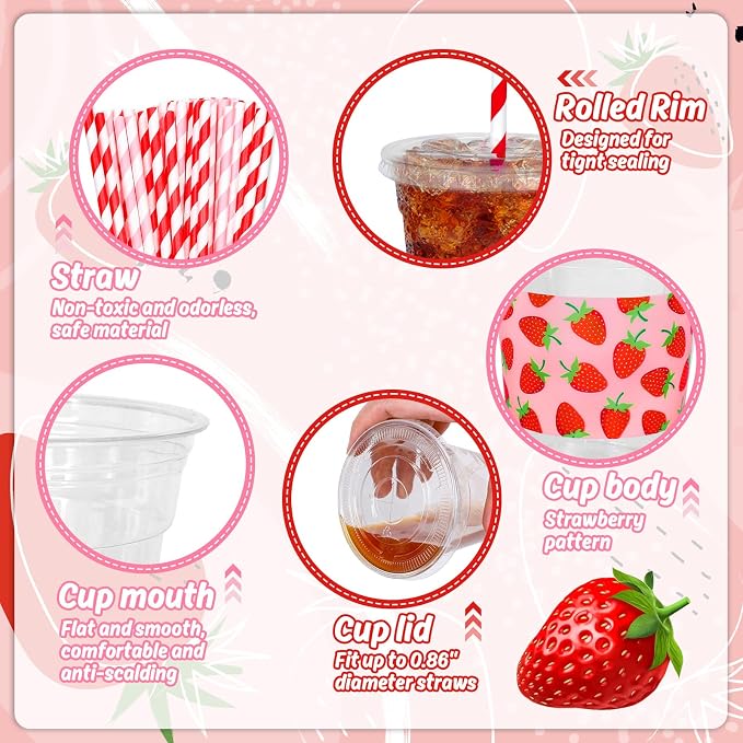 FYSUIMU 50Pcs 12Oz Strawberry Disposable Plastic Cups with Lids and Straws Sweet Fruit Theme Cold Beverage Drinking Cups for Home Kitchen Summer Birthday Supplies