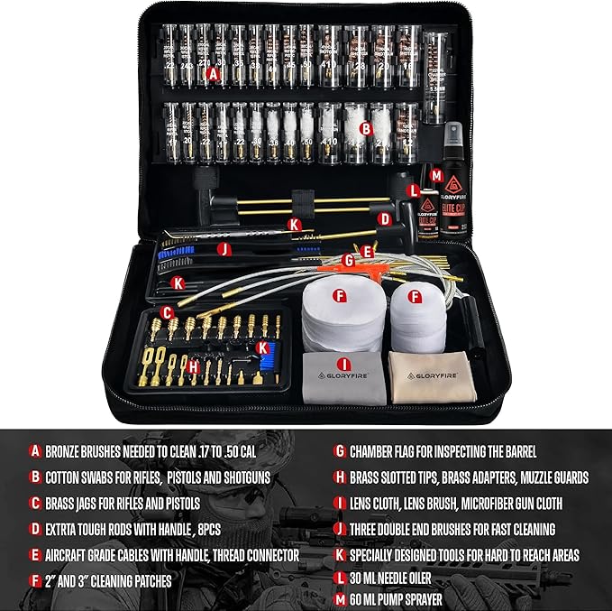 GLORYFIRE Universal Gun Cleaning Kit for Handgun Shotgun & Pistol,Elite Gun Cleaning Set with High-end Brass Brushes, Mops, Jags, Reinforced Rods and Gun Cleaning Snake&Ropes