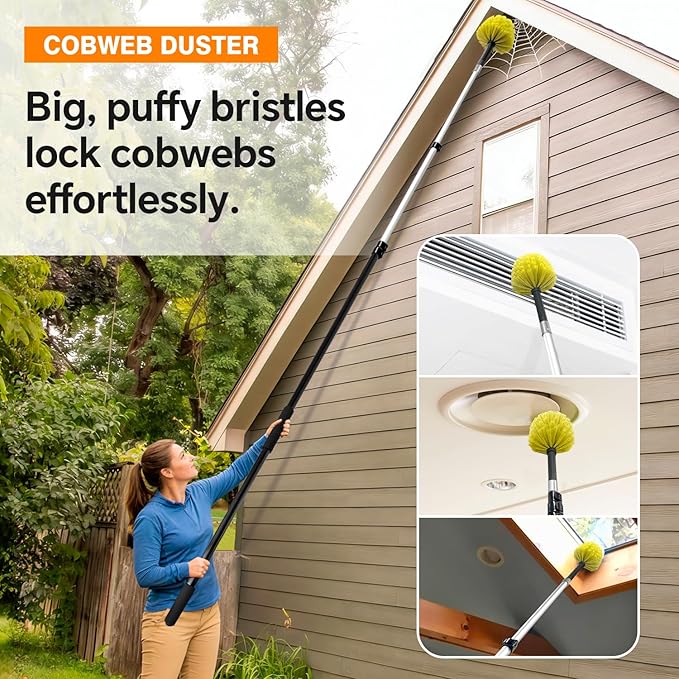 ARTIPOLY 4-12Ft Telescoping Extension Pole Kit, 4-in-1 High Reach Duster with Chenille Microfiber Feather & Cobweb Duster Attachments for Ceiling Wall Hard-to-Reach Indoor & Outdoor Cleaning Yellow