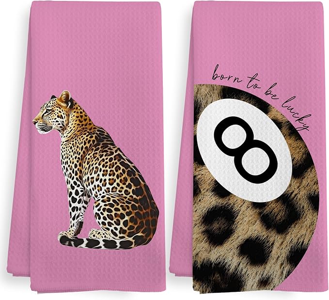 Trendy Leopard Cheetah Print Lucky 8 Ball Bathroom Decor, Preppy Girly Pink Leopard Decor Dish Hand Tea Towels for Bathroom Kitchen Sets of 2, Cheetah Kitchen Towels and Dishcloths,16x24 Inch