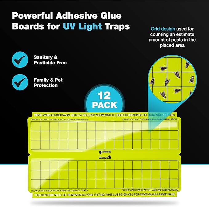 Catchmaster Vector High-Catch Glue Trap Refills, 12-Pk, UV Light Fly Traps for Home, Unscented Sticky Gnat Glue Boards for House, UV Lamp Insect & Mosquito Killer, Adhesive Bug Light Boards