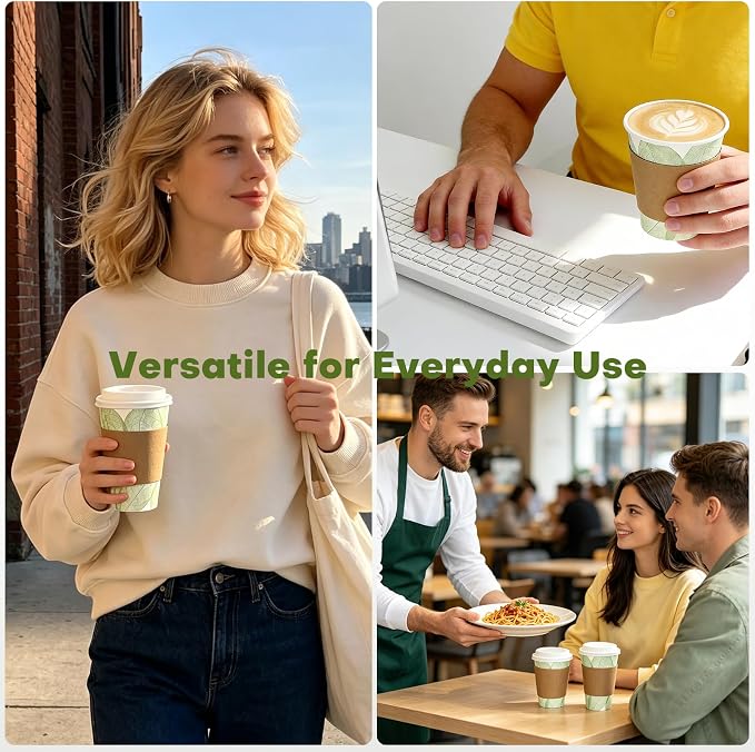 Plant-Based Compostable Cups Set – PLA Lined Disposable Coffee Cups with Lids, Straws & Sleeves, Eco-Friendly for Hot & Cold Drinks, Party, Travel, Office (16 oz 50 Count)