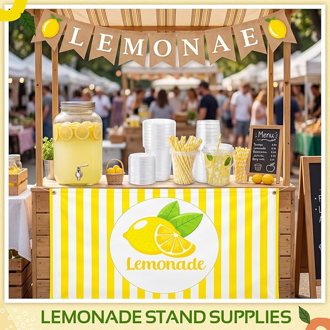 Funnymoom 84 Pcs Lemonade Stand Supplies 34 oz Plastic Lemon Cups with Lid and Straws Lemonade Burlap Banner Tablecloth Stainless Steel Muddler for Summer Lemon Birthday Party Decoration