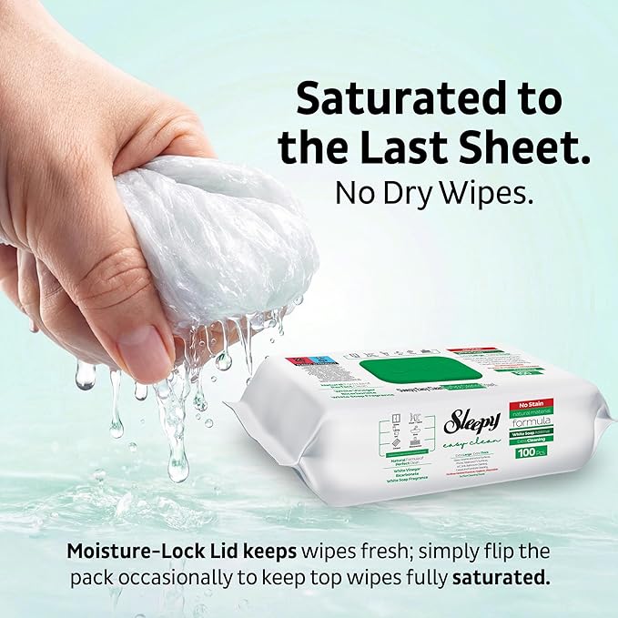 Sleepy Easy Clean XL Multi Surface Cleaning Wipes (100 Count) – Natural Vinegar & Baking Soda Formula – Jumbo 8"x8" All Purpose Wet Wipes for Kitchen, Bathroom, Glass & Electronics – No Streak