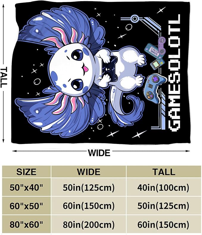 Axolotl Gaming Blanket Throws Axolotl Gifts Cute Axolotl Game Throw Blanket for Boys Kids Gamesolotl Blanket Adults Soft Warm Cozy Fleece Blanket for Couch Sofa Bed 60"x50"