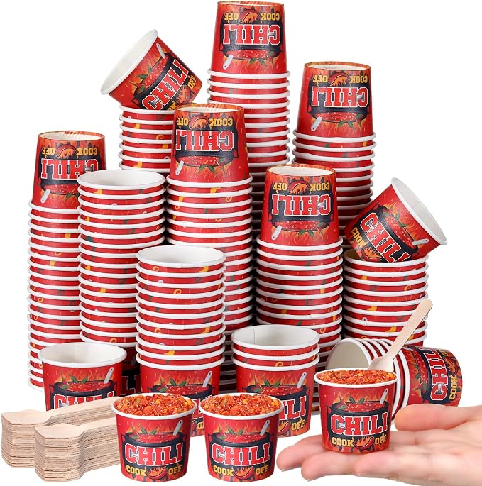 Teenyyou 400 Pcs Chili Cook off Party Decorations, 200 Pcs 2 oz Mini Chili Cookoff Paper Cups and 200 Wooden Spoons Pepper Cook off Parties Decorations for Competition Prize Party Cooking Supplies