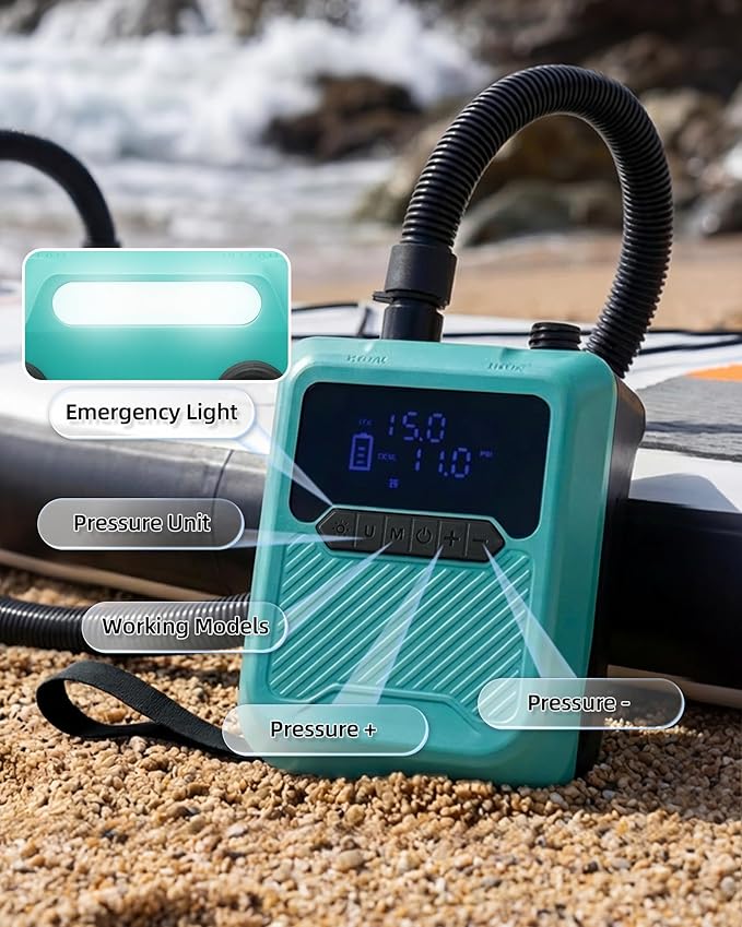 Electric Paddle Board Pump Portable, 20PSI High Pressure SUP Air Pump with Intelligent Dual Stage Inflation, Deflation & Auto-Off Function, Rechargeable Battery & 120W 12V DC Inflator for Kayak Boat
