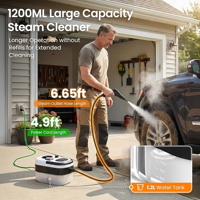 2500W Handheld Steam Cleaner for Home, 6-Level High Pressure Steam Gun, Steam Machine w/40.6oz Tank, Portable Car Steamer for Auto Detailing & Cleaning, Car, Floor, Furniture, Tile Grout, Wall