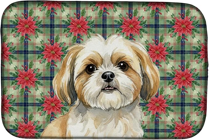 Caroline's Treasures Gold and White Shih Tzu Christmas PoinsettIas Dish Drying Mat Absorbent Dish Drying Mat Pad for Kitchen Counter Dish Drainer Mat for Countertop, 14 x 21", Multicolor
