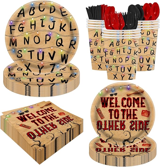 168pcs Spooky Rustic Alphabet Birthday Party Supplies Disposable Retro Colorful Light Bulbs Party Decorations Retro Scary House Run Themed Plates Napkins for Boys Girls Birthday Decor Serve 24