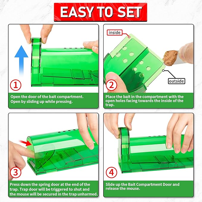 LULUCATCH Humane Mouse Traps 2 Pack | Live No Touch Catch and Release No Kill Rodent Traps | Reusable with Cleaning Brush | Pet Safe Indoor Outdoor Rodent Control for Mice, Rats, Chipmunks, Voles