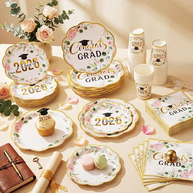 Pickmesh 250 Pcs Class of 2026 Graduation Party Supplies for 50, Pink and Gold Floral Congrats Grad Paper Plates Napkins Cups Disposable Graduation Party Tableware Set for Grad Table Decoration