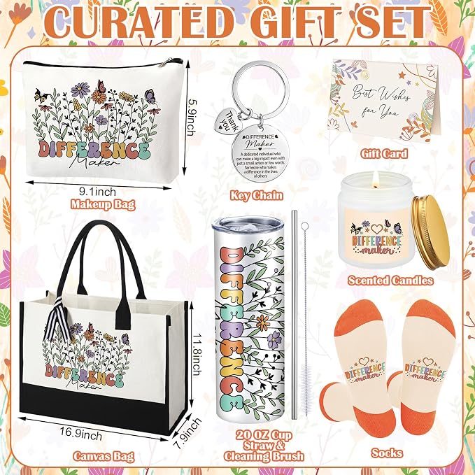 Patelai 7 Pcs Difference Maker Appreciation Gifts. Thank You Gifts for Women Set with 20oz Tumbler Tote Bag Candle Socks Makeup Bag for Mentor Teacher Nurse Coworker Secretary End of Year Gifts