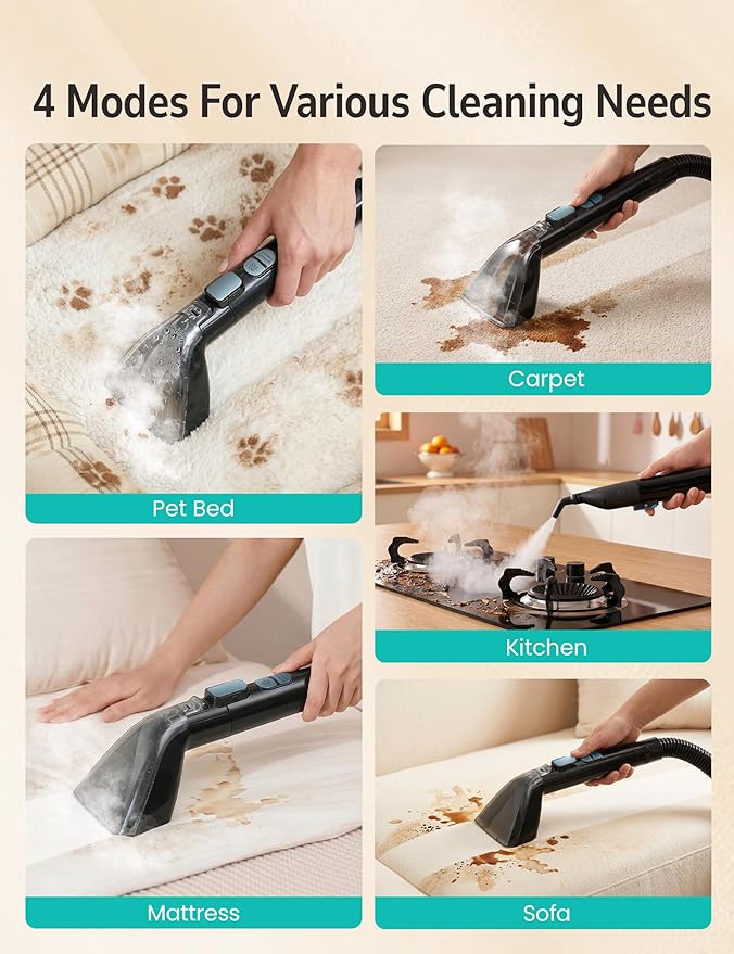 Steam Carpet Cleaner Machine with Hot/Cold Water & Steam Wash, Multifunctional Spot Cleaner, 20Kpa Powerful Suction, 300 ML Cleaning Solution for Carpet, Upholstery, Sofa, Pet Stains, Car