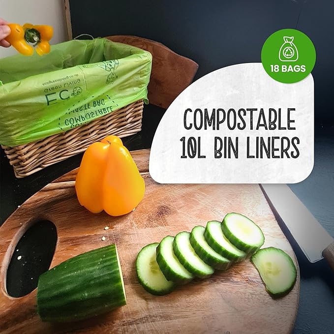 Eco Green Living 100% Compostable Caddy Liners, Biodegradable Food Waste Bags. Plastic & BPA-Free 10L Bin Liners, Vegan, Recyclable, Leakproof Kitchen Waste Bags, 6 Pack,108 Bags