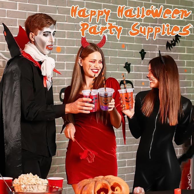 Yaomiao 300 Pcs 12 oz Halloween Plastic Cups with Lids and Straw Halloween Plastic Cup Disposable Clear Tumbler Whiskey Tumbler Black White Emoticons Witch Drinking Set for Party Supply